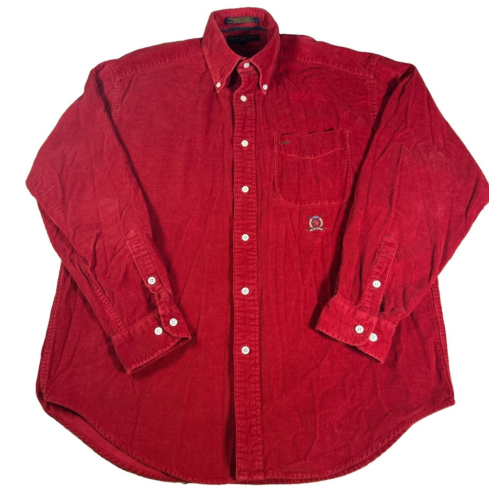 Vintage Tommy Hilfiger Corduroy Shirt Men's M Red Long Sleeve Button Down USA